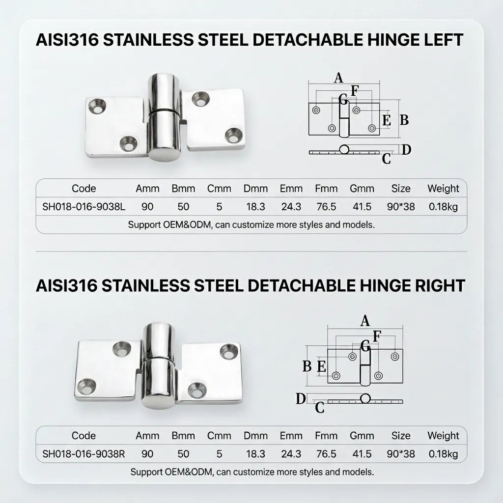 Technical CAD diagram of AISI 316 stainless steel detachable hinges for left and right configurations including detailed dimensional measurements A-G.