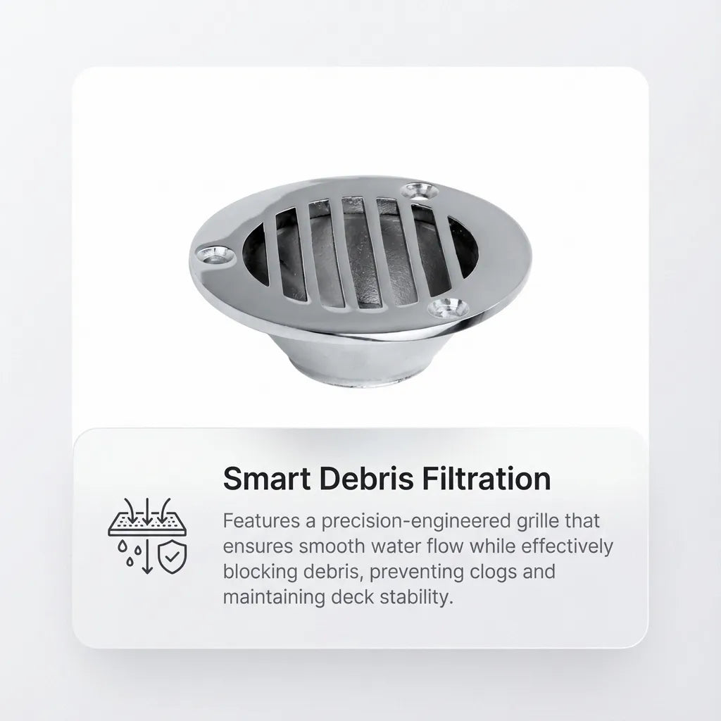Illustration of the smart debris filtration system showing the precision-engineered grille that prevents clogs while maintaining flow.