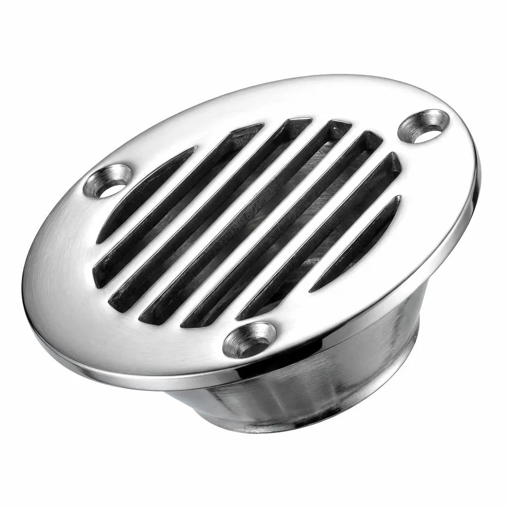 Universal tubeless boat floor deck drain made of mirror-polished 316 marine-grade stainless steel on a white background.
