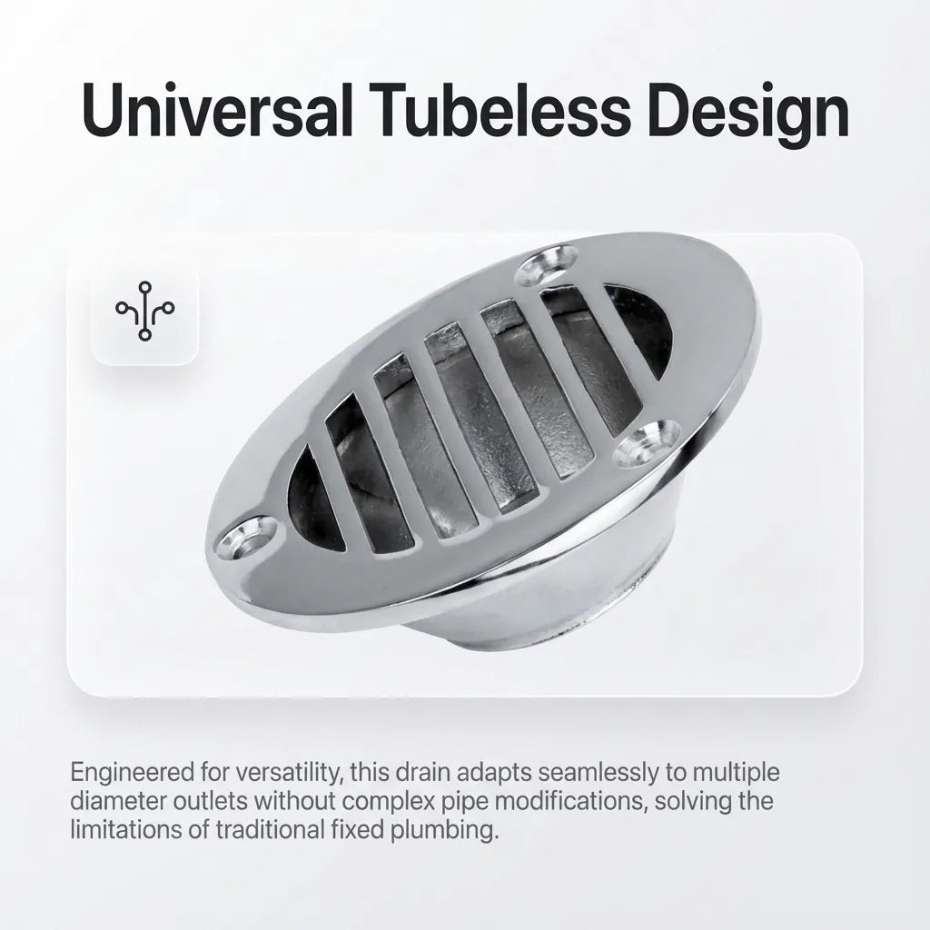 Graphic highlighting the universal tubeless design which adapts to multiple diameter outlets without complex plumbing modifications.
