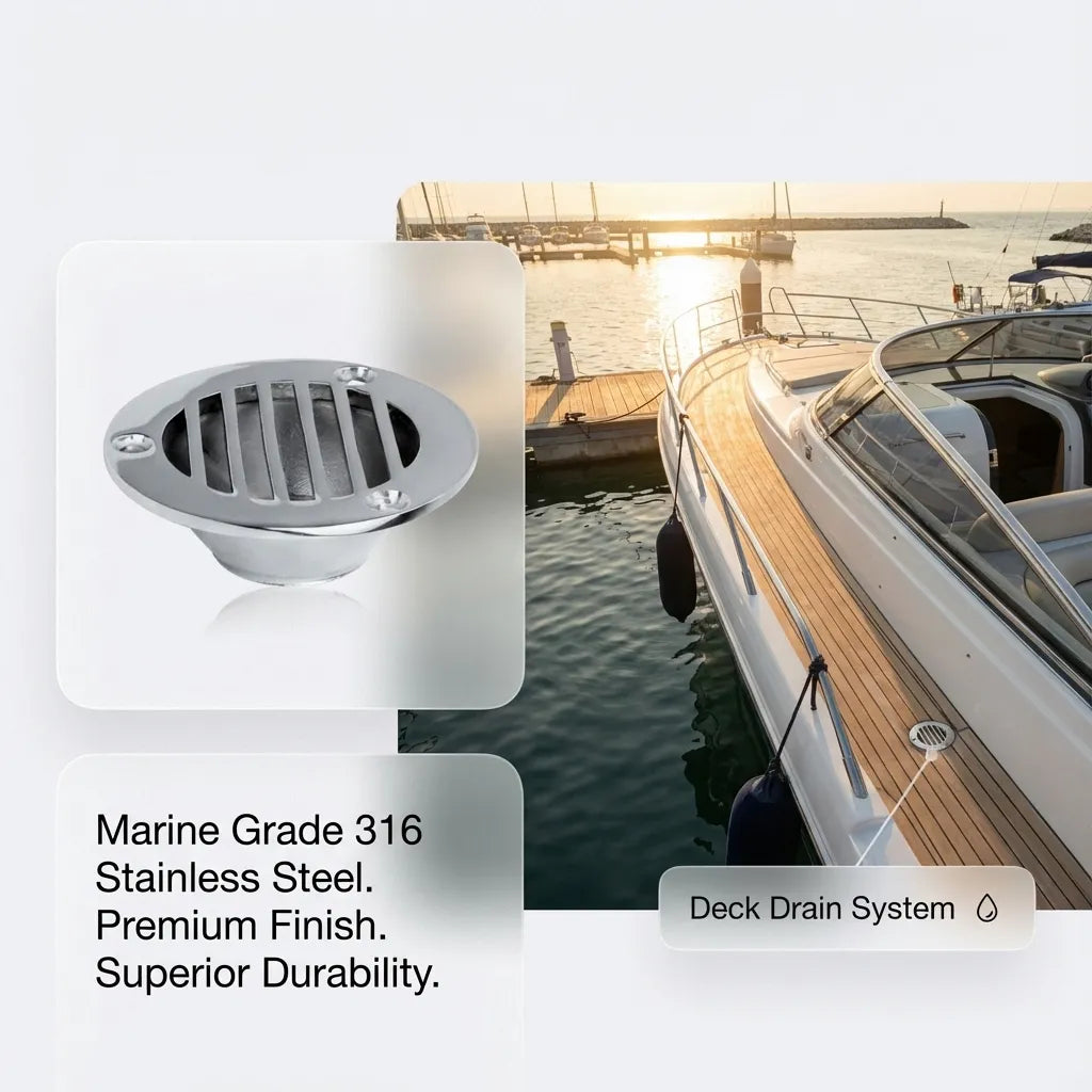 Lifestyle composite showing the flush-mount deck drain system installed on a luxury yacht at a marina during sunset.