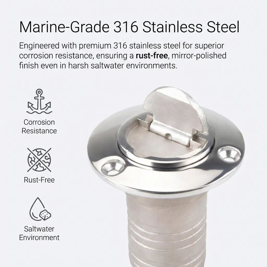 Detail view highlighting the rust-free properties of marine-grade 316 stainless steel in harsh saltwater environments.