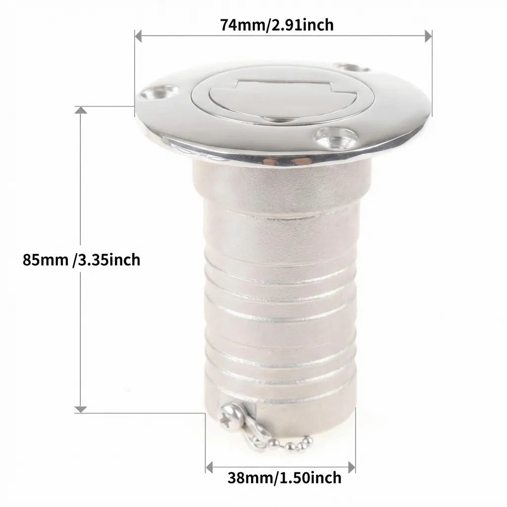 Technical dimension drawing showing 74mm flange diameter, 85mm total height, and 38mm hose barb diameter.