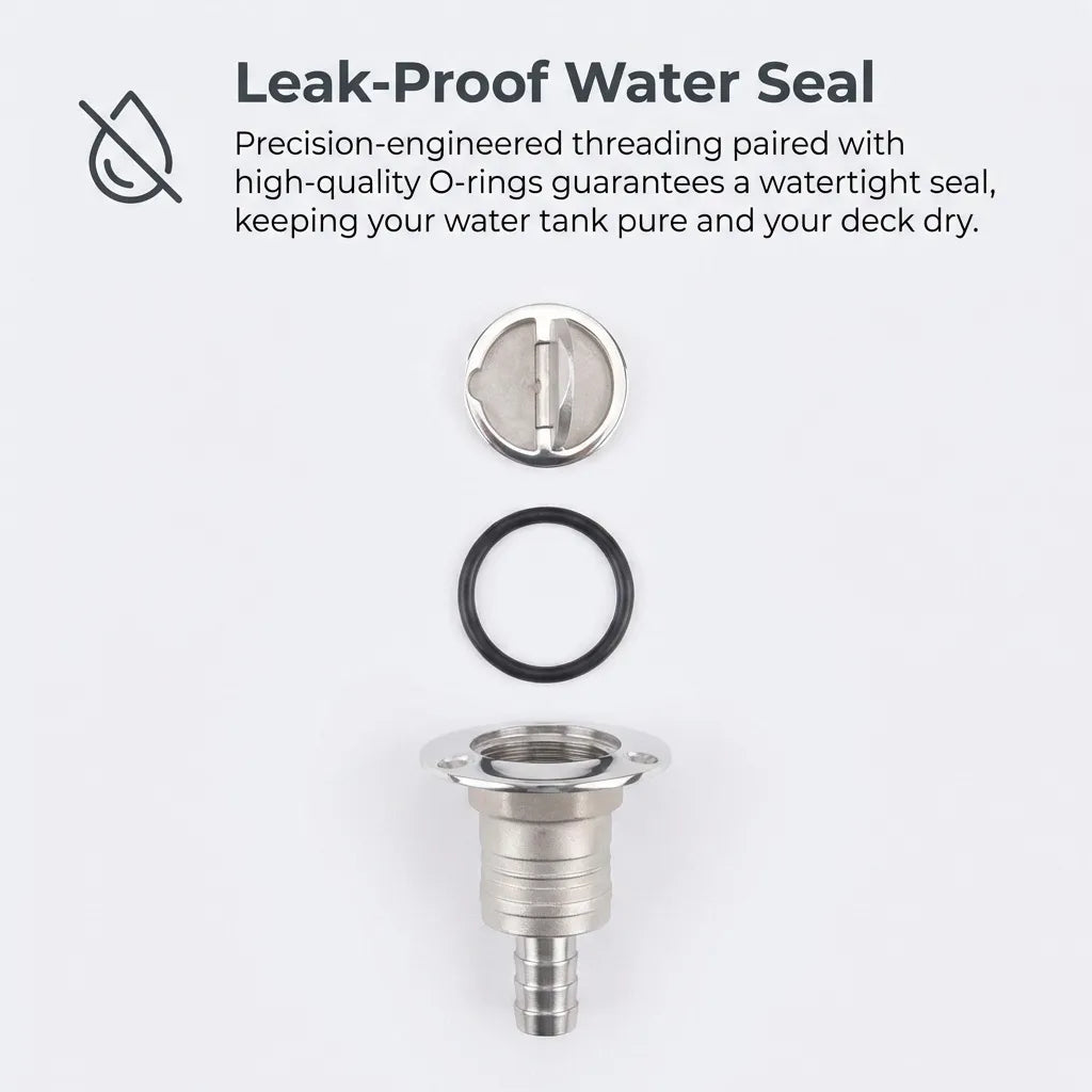 Exploded view of the deck fill components showing the threaded cap, rubber O-ring seal, and mounting flange.