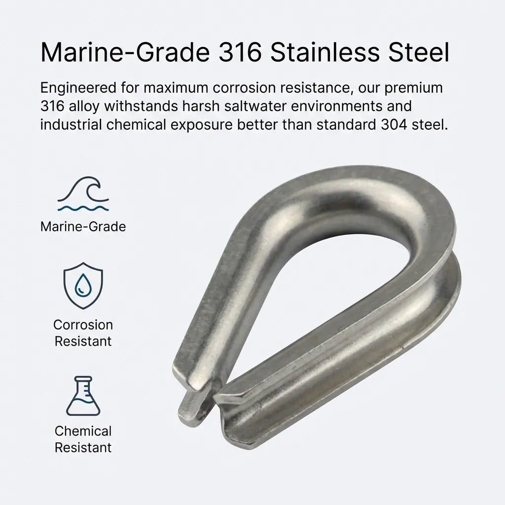 Infographic detailing marine-grade 316 stainless steel properties including saltwater corrosion and chemical resistance.