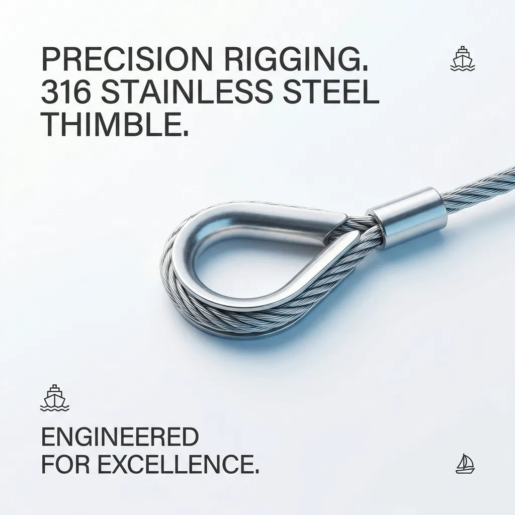 Close-up of a stainless steel thimble used to create a reinforced eye loop in a stranded steel wire cable.