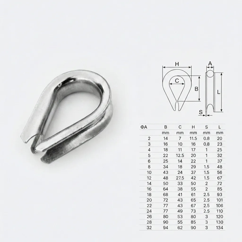 Technical engineering drawing and dimension table showing sizes from 2mm to 32mm for the wire rope thimble.