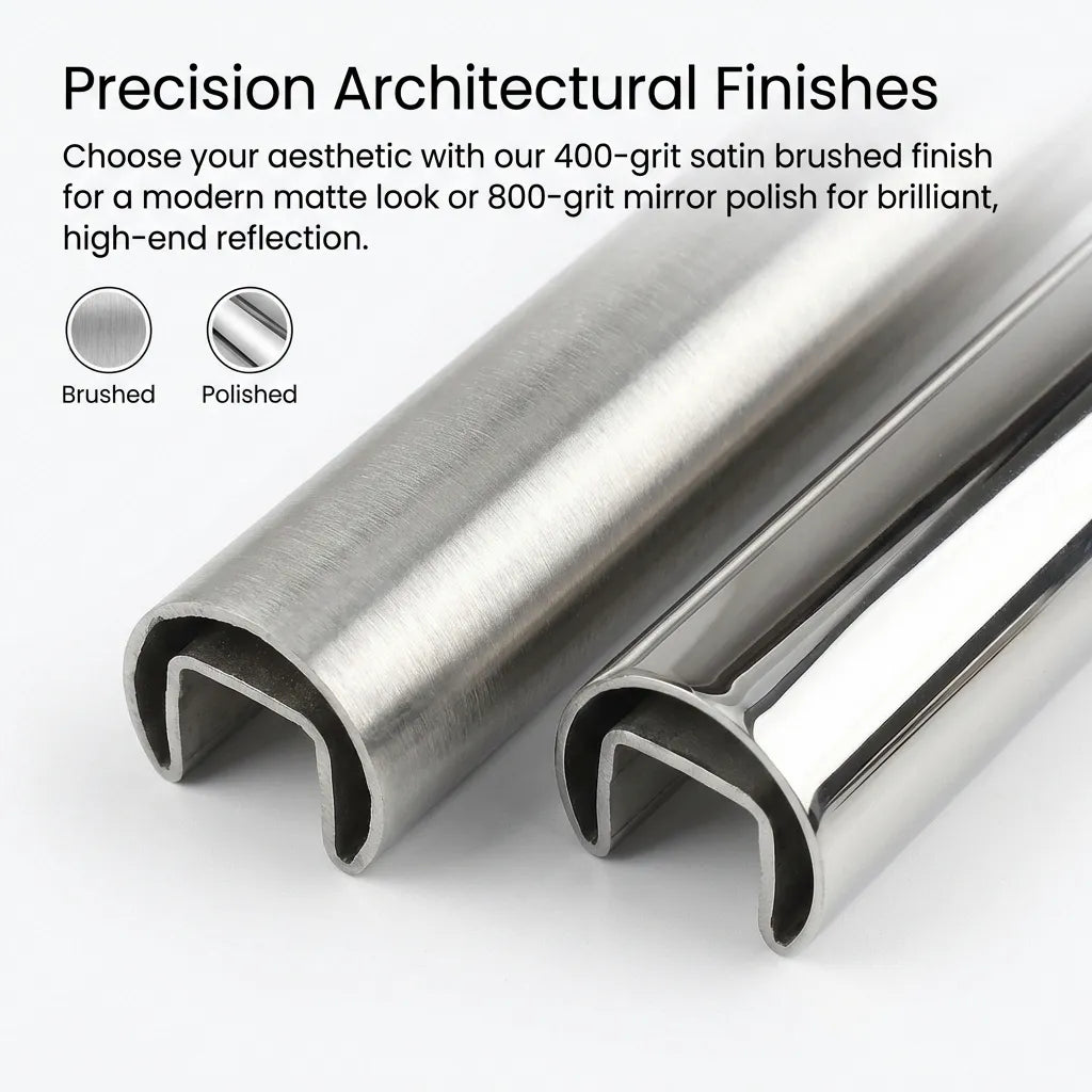 Close-up comparison between 400-grit satin brushed finish and 800-grit mirror polish on architectural grade stainless steel tubing.