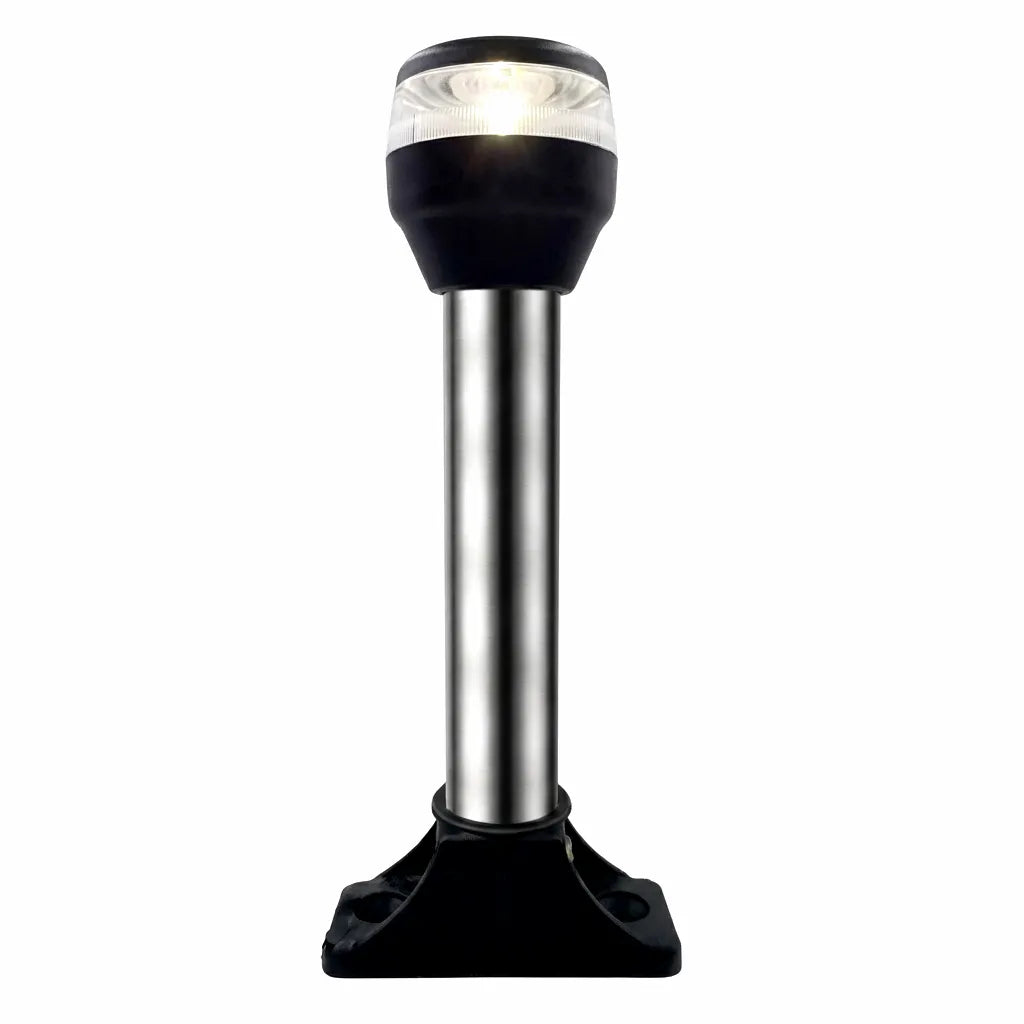 Professional 360-degree LED boat anchor light featuring a 6-inch brushed 316 stainless steel pole and high-impact black ABS mounting base.