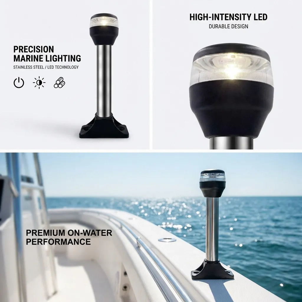 Composite image showing the LED anchor light installed on a boat deck with a scenic ocean background and high-intensity LED chip detail.