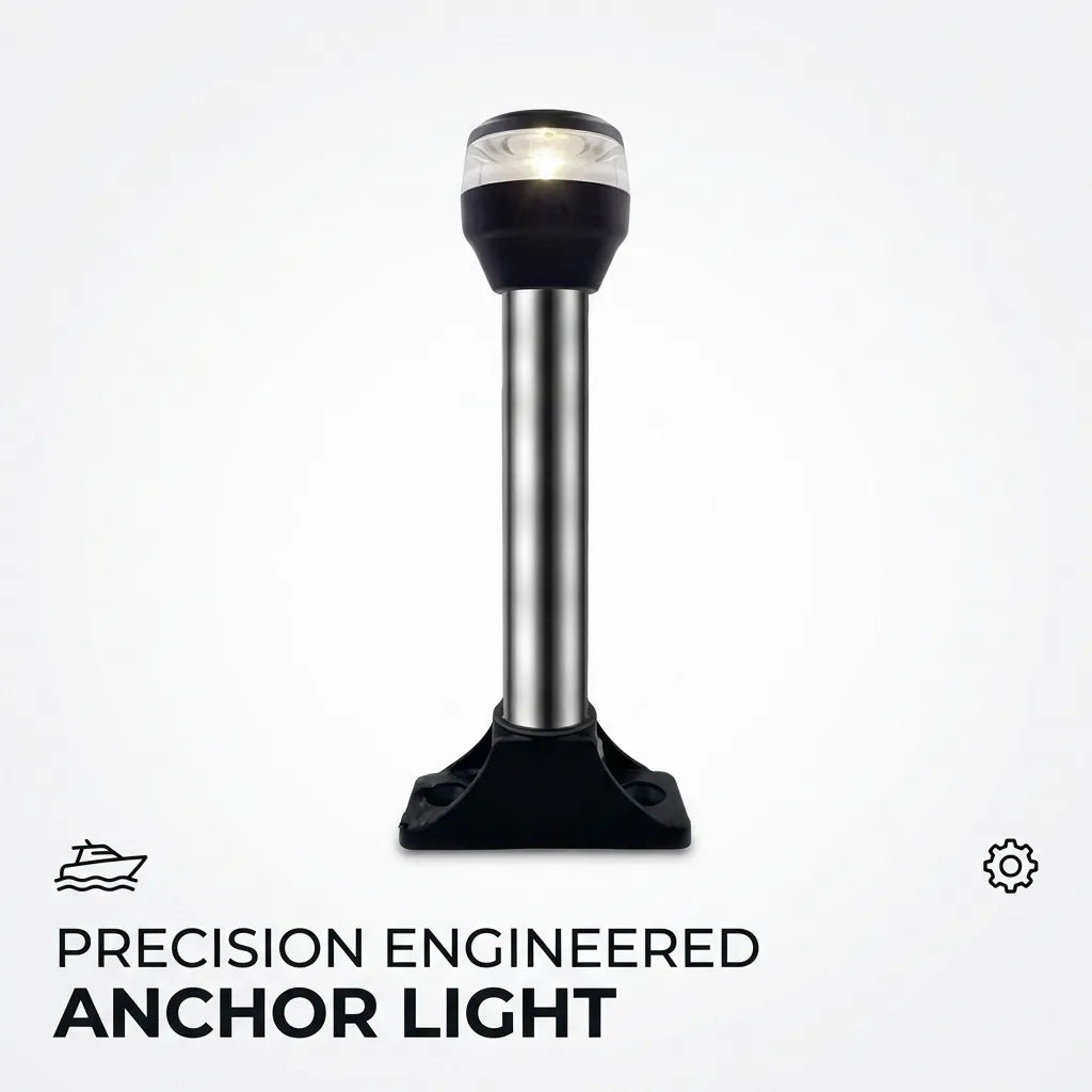 Hero view of the 2NM visibility boat navigation light with 'Precision Engineered Anchor Light' text overlay.