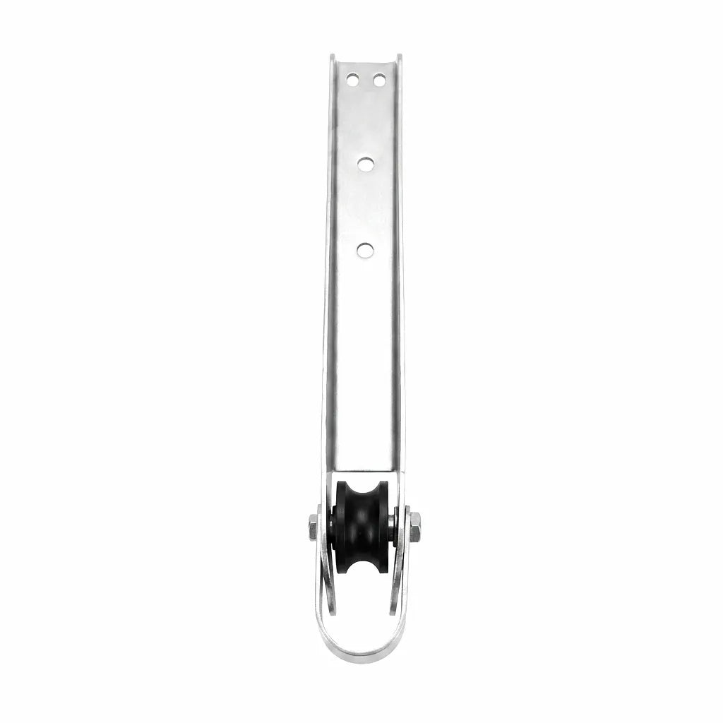 390mm Marine Anchor Roller and Bracket crafted from mirror-polished 316 stainless steel with a heavy-duty black polymer roller, designed for deck mounting