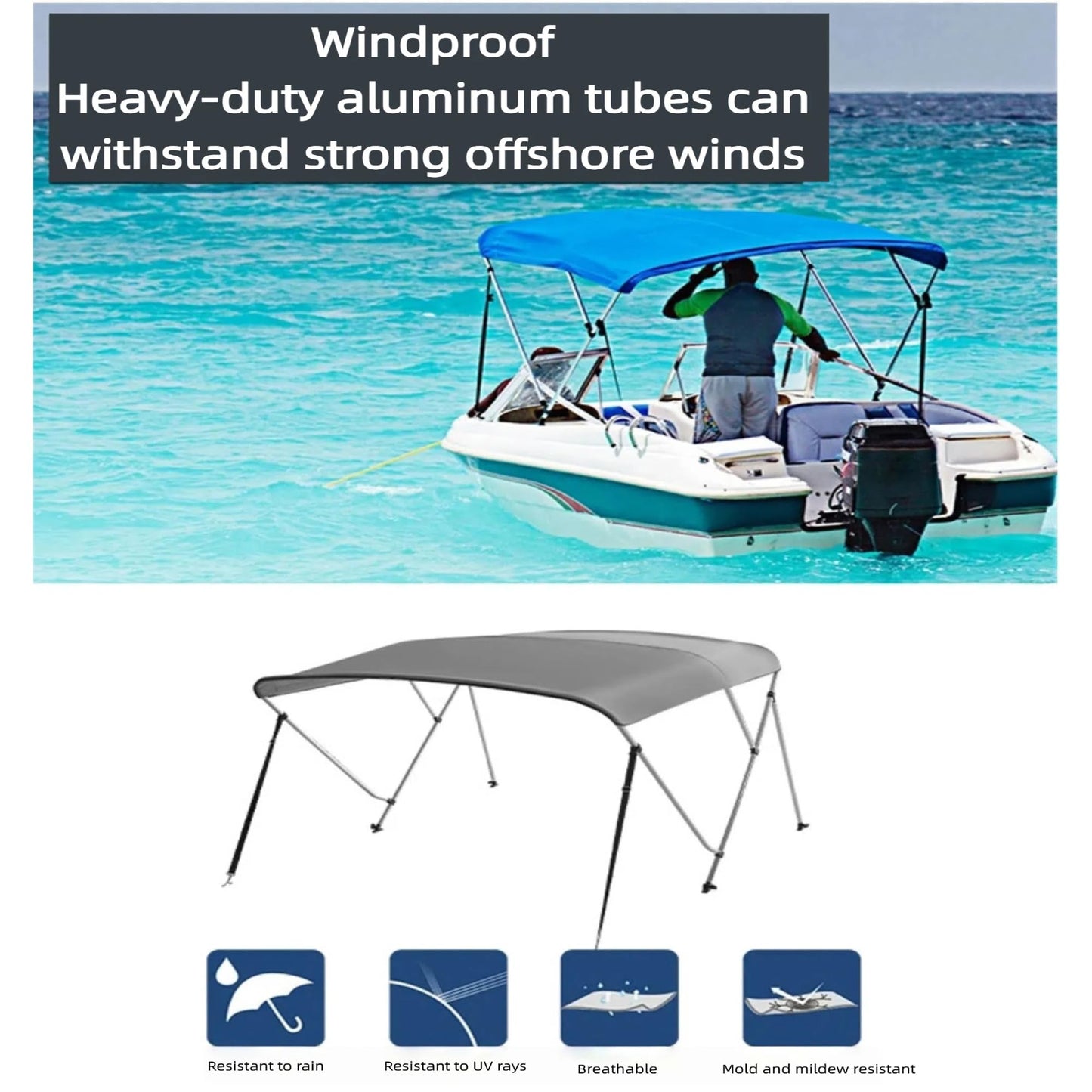 3 Bow Bimini Top Boat Cover, 600D/1200D Oxford Cloth Marine Canopy with 304 Stainless Steel Tube Frame for Cruise Yachts,Boats