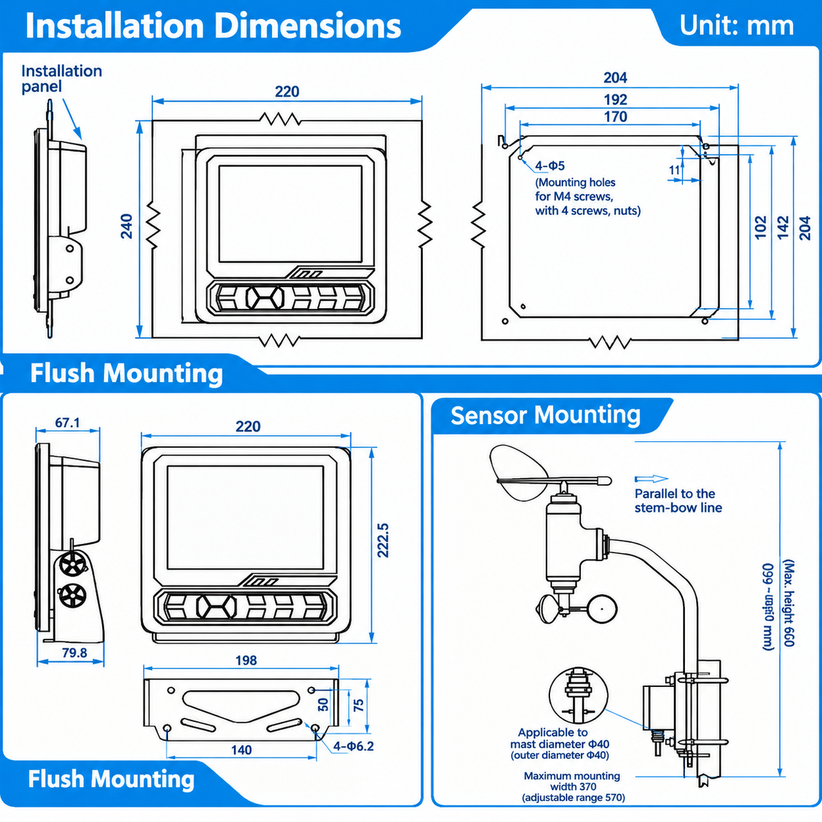 AM708 Marine Wind Speed & Direction Sensor - 8.4" TFT Display, NMEA0183, CCS Certified