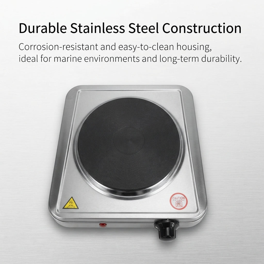Airrow Marine 1500W Electric Hot Plate - Brushed Stainless Steel Solid Cooktop 110V