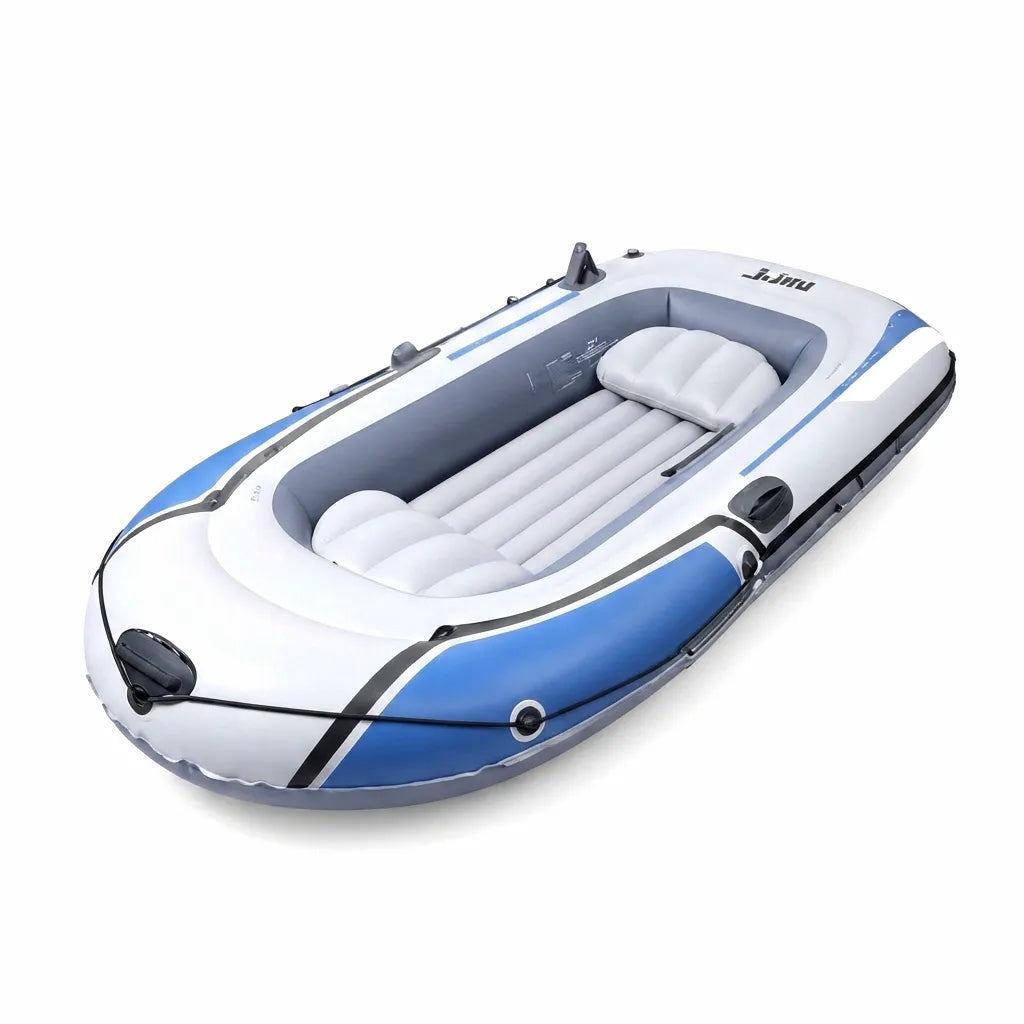 Jijiu 4-person inflatable fishing boat on white background, featuring blue and grey reinforced PVC construction with integrated inflatable seating and oar holders.