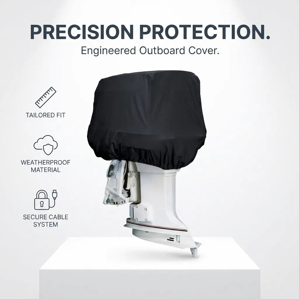 Studio product layout highlighting tailored fit, weatherproof material, and secure cable system features.
