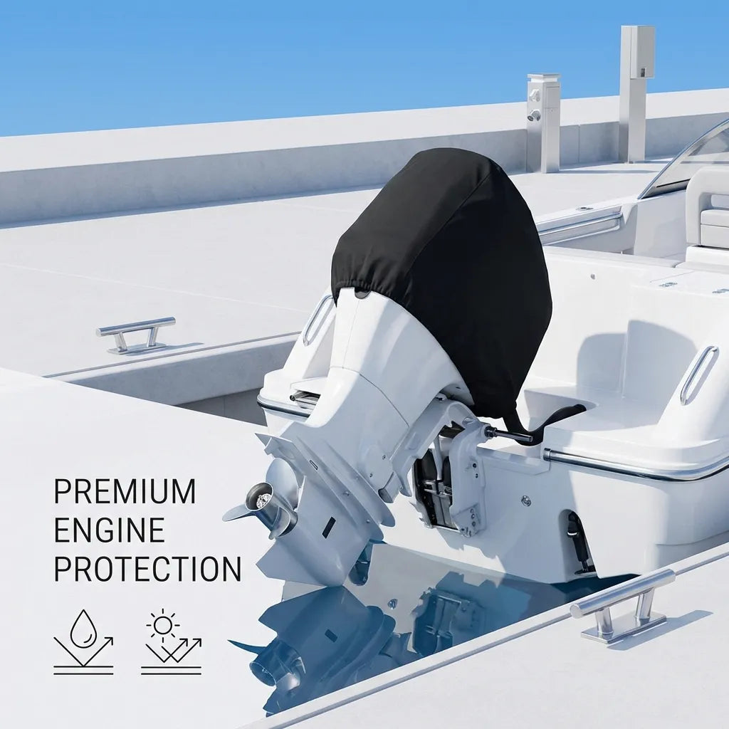 Close-up of a boat motor with a black protective cover installed while docked at a marina with a clear blue sky.