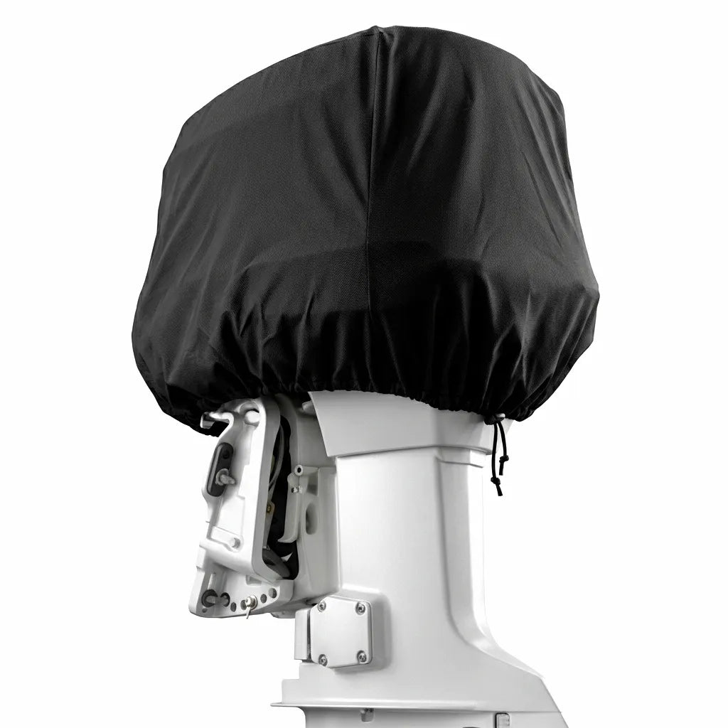 A black 420D Oxford cloth outboard motor engine cover installed on a white marine engine against a white background.