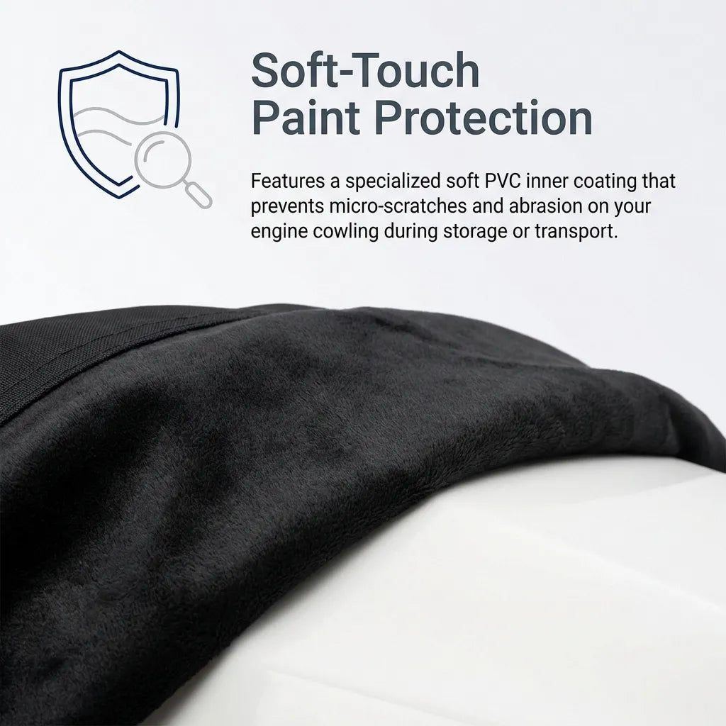 Macro shot showing the soft-touch PVC inner coating of the engine cover designed for scratch-free paint protection.