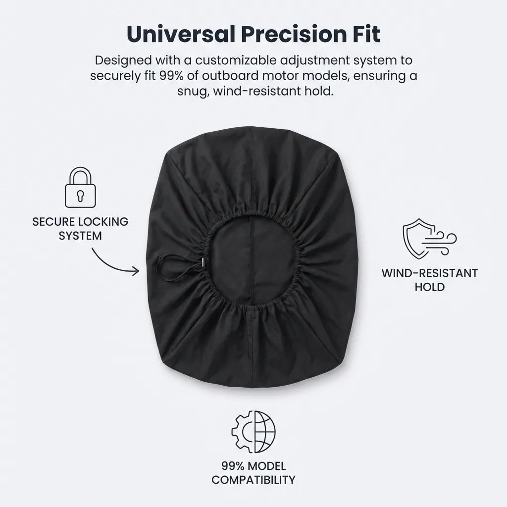 Top-down view of the outboard cover showing the elasticated hem and secure cord-lock adjustment system.