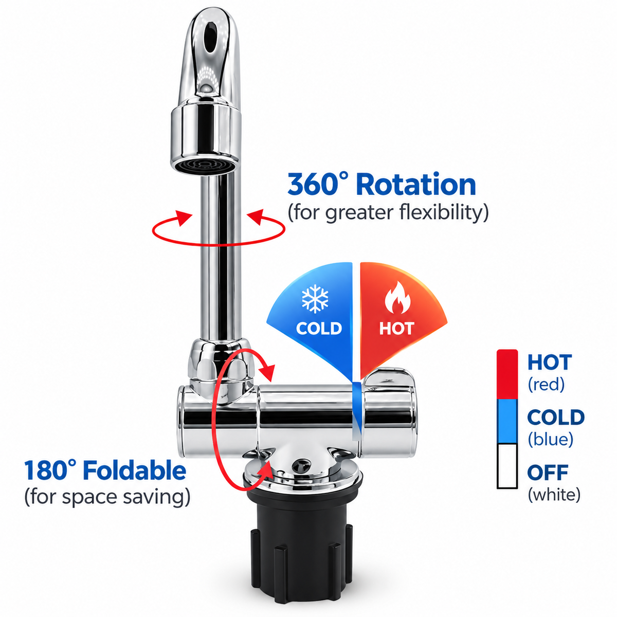 Marine Folding Hot/Cold Faucet - 360° Swivel, Brass Core, Chrome Finish