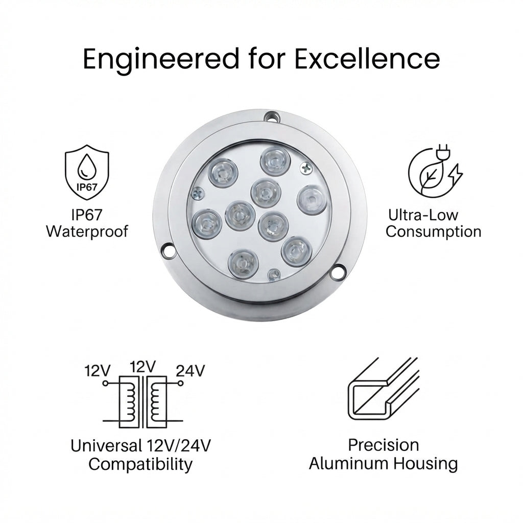 316 Stainless Steel Underwater LED Boat Light - RGB Color-Changing 12-24VDC (98mm)