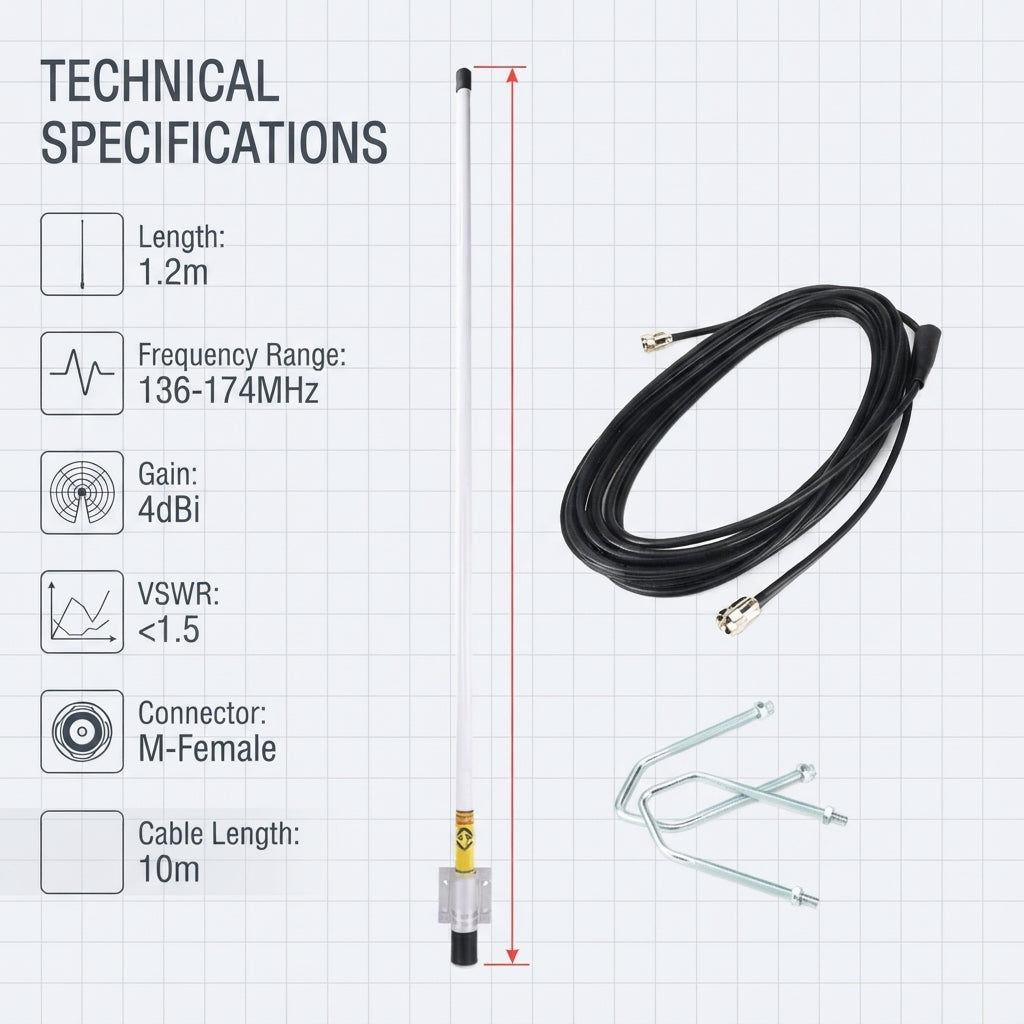Airow Marine 1.2M 4dBi VHF Marine Fiberglass Antenna Kit + 10M Cable