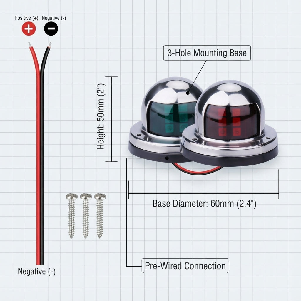 LED Navigation Lights Pair - Polished Stainless Steel, IP66 Waterproof