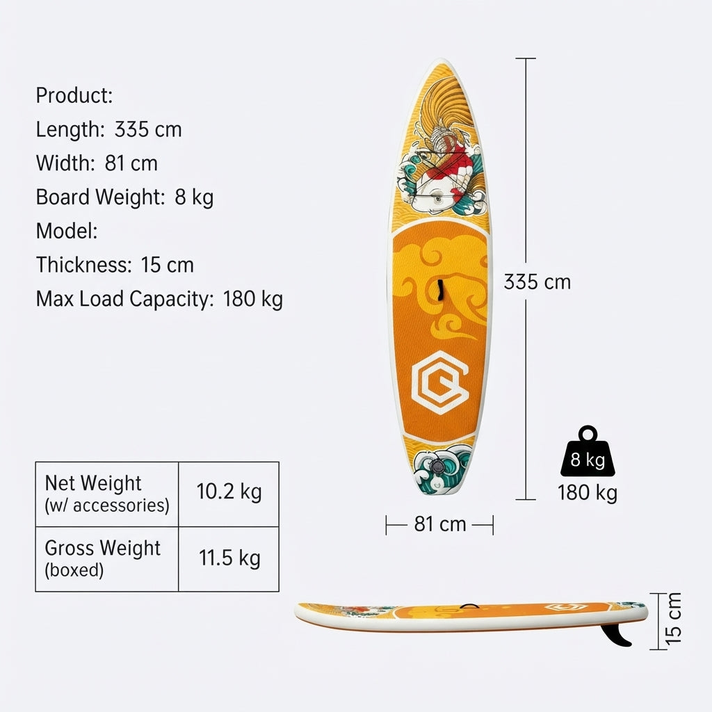 Inflatable SUP Paddleboard - 180kg Capacity, Portable Design & Koi Graphic