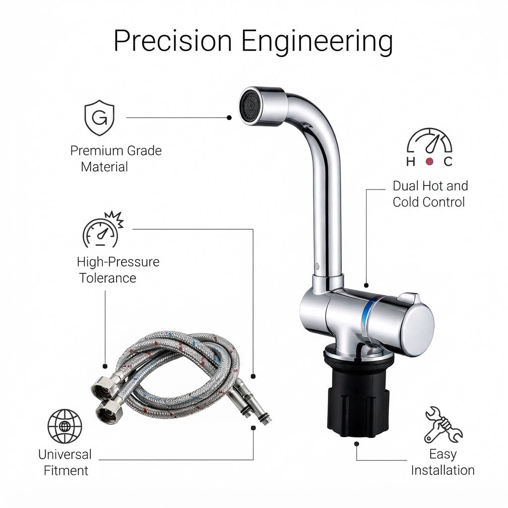 Marine Folding Hot/Cold Faucet - 360° Swivel, Brass Core, Chrome Finish