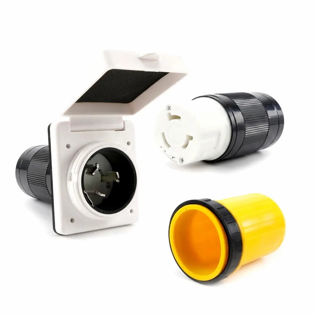 American-Style 50A marine power inlet and locking shore power connector kit with included yellow protective sleeve for yachts and boats.