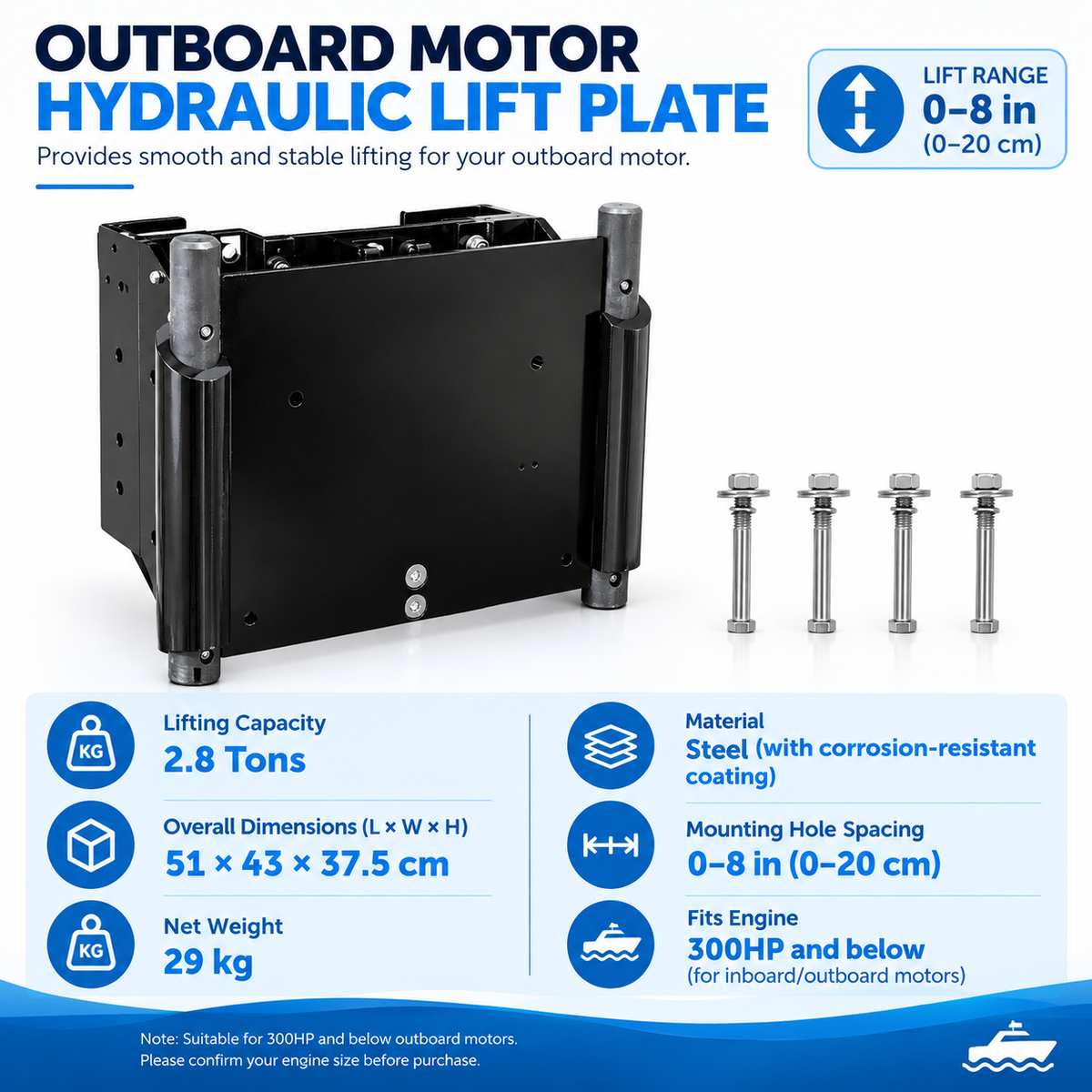 Outboard Motor Hydraulic Jack Plate - 1.7-Ton Lift, 40-60HP, Corrosion-Resistant