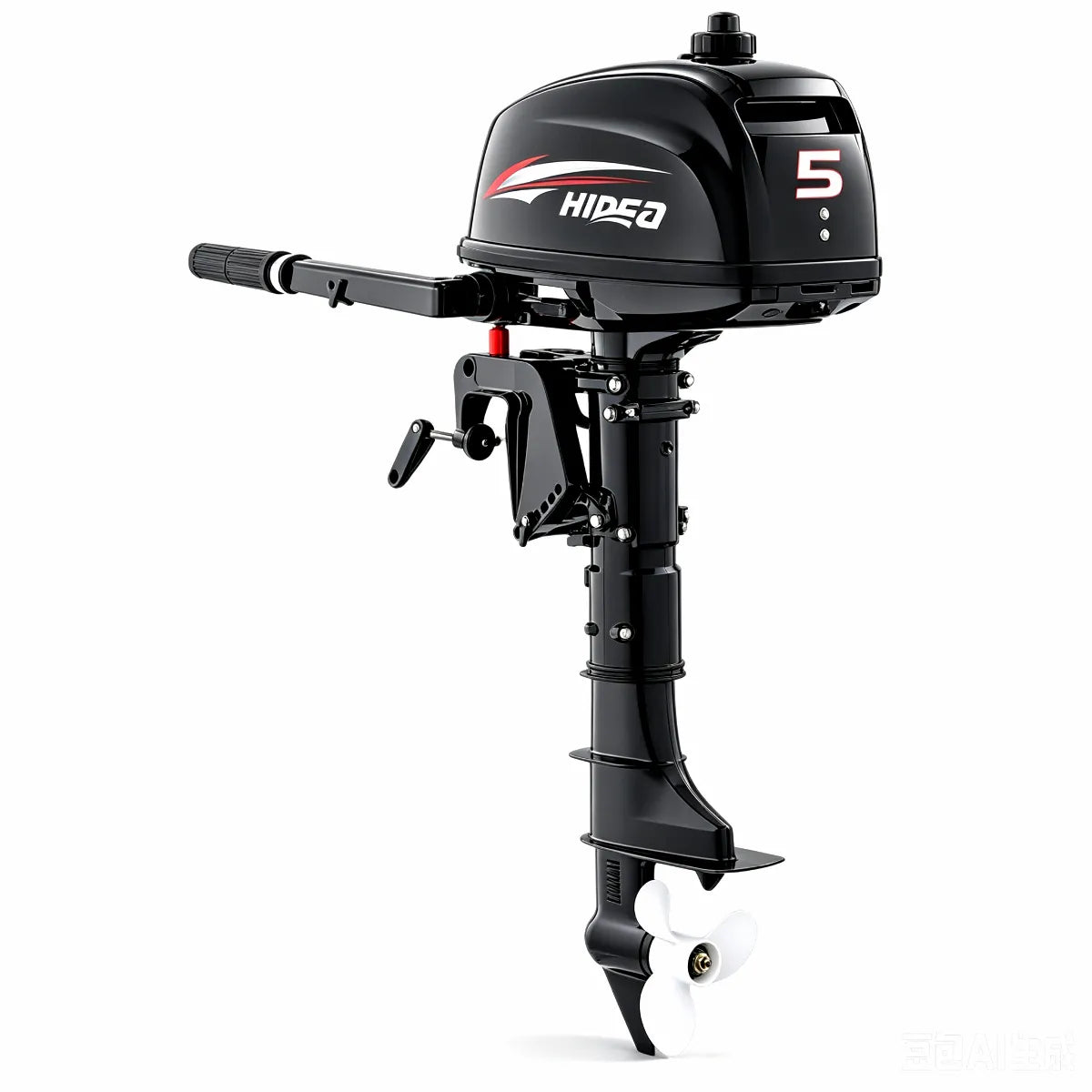 5HP Two-Stroke Water-Cooled Outboard Motor with Tiller Control and Propeller on White Background