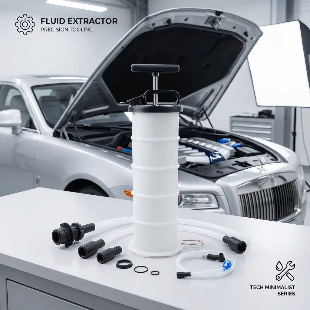 The 6.5L oil extractor on a workshop bench in front of a luxury car with the hood open, highlighting professional garage utility.