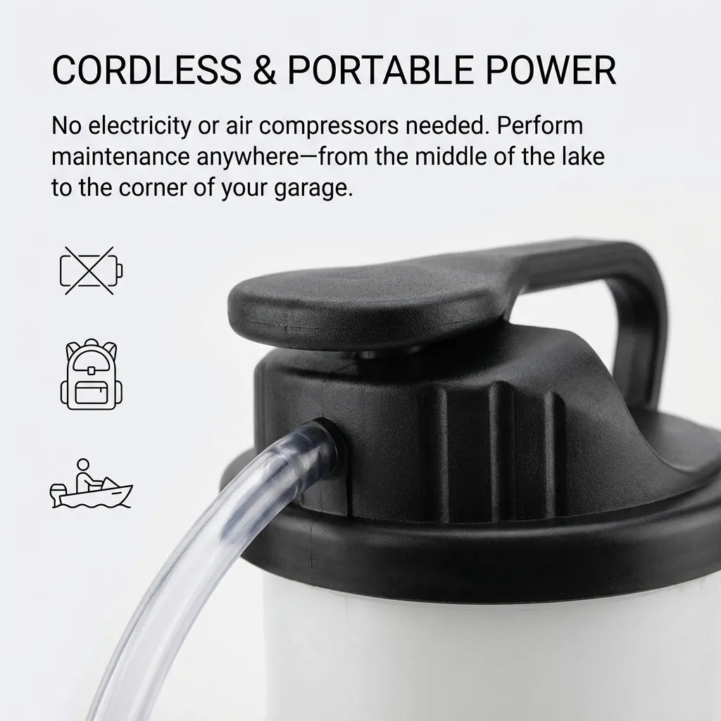 Diagram showing the cordless and portable nature of the manual pump, requiring no electricity or air compressors for field maintenance.
