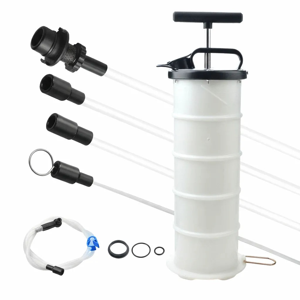 Hero shot of the 6.5L Manual Fluid Extractor with 4-piece precision reach hose kit and extra O-ring seals on a pure white background.