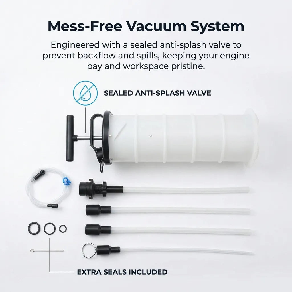 Close-up detail of the sealed anti-splash valve and the extra seal kit, engineered to prevent backflow and spills in the engine bay.