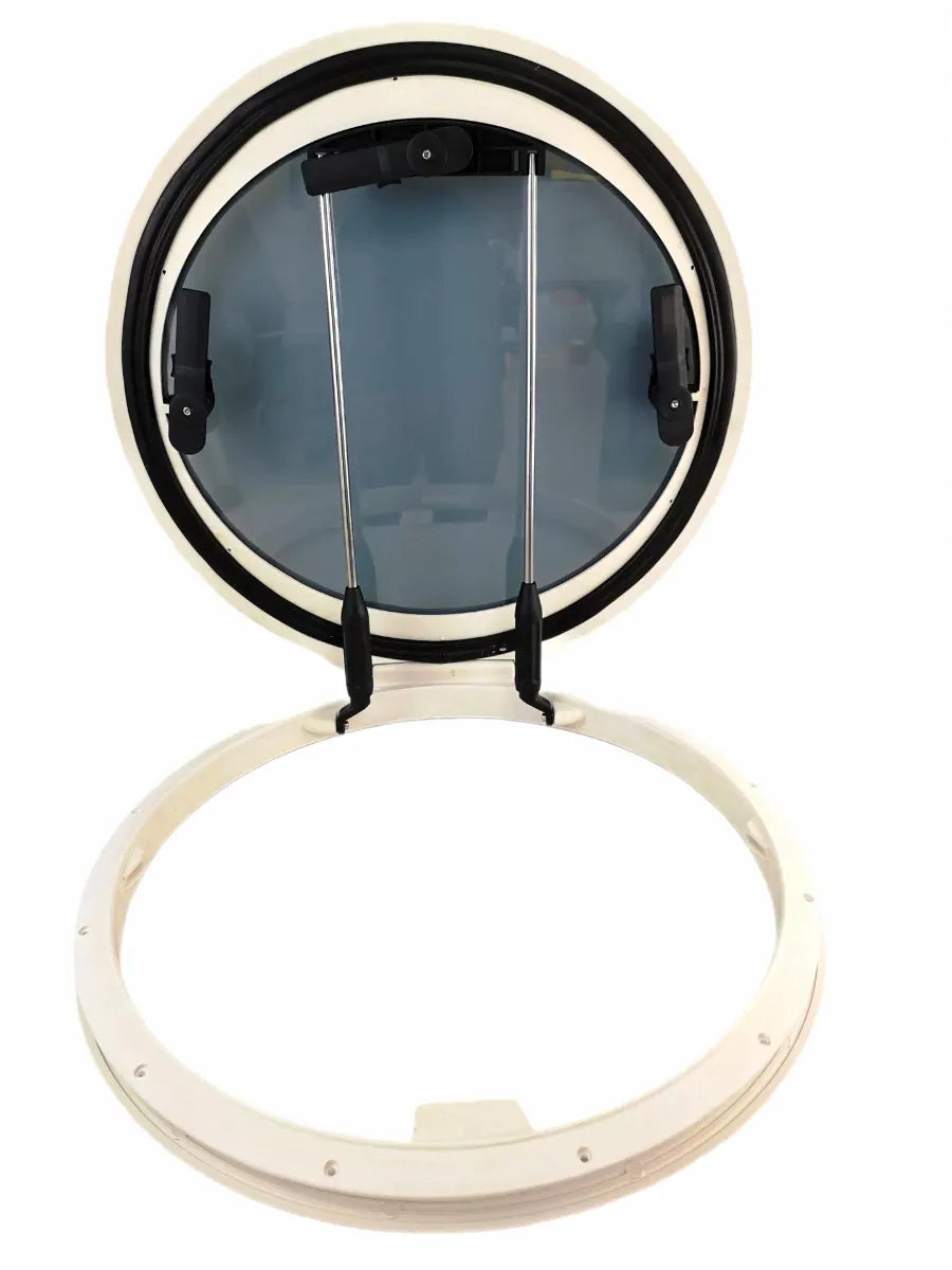 625mm round marine porthole with white UV-stabilized nylon frame, transparent grey tempered glass, and dual 316 stainless steel support rods, open on a pure white background.