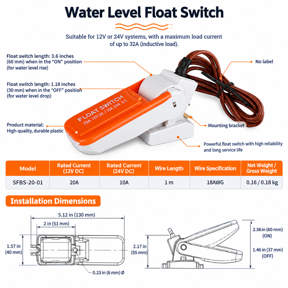 SEAFLO Marine Bilge Pump Float Switch - 20A 12-32VDC, Fully Automatic & Ignition Protected