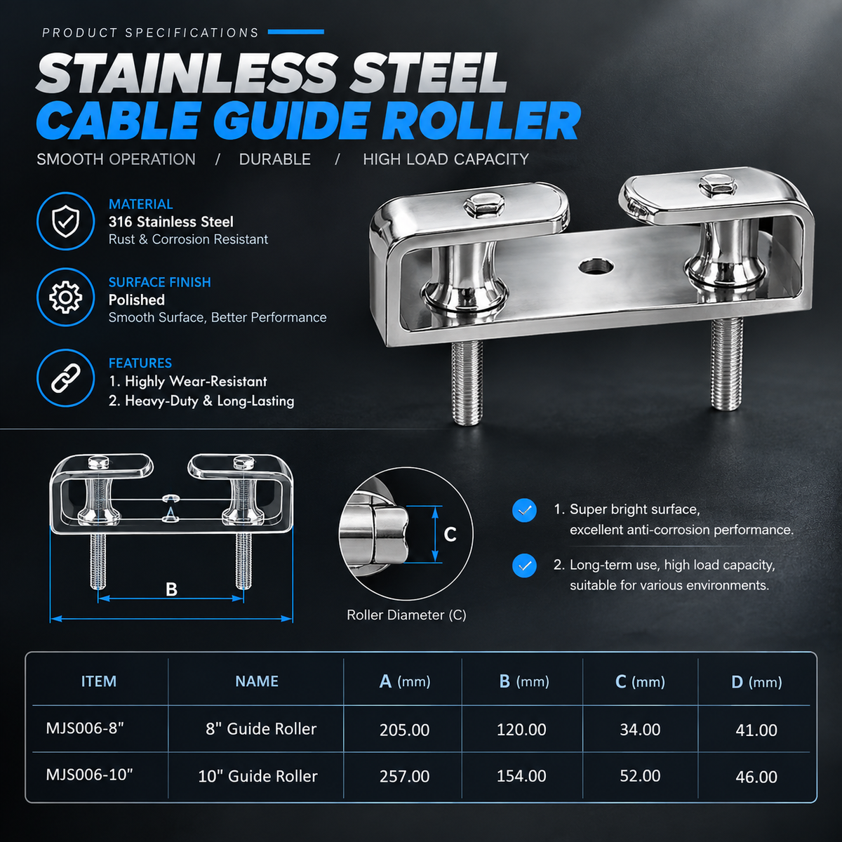 Airow Marine 316 Stainless Steel Dual-Roller Cable Guide - Universal Fit
