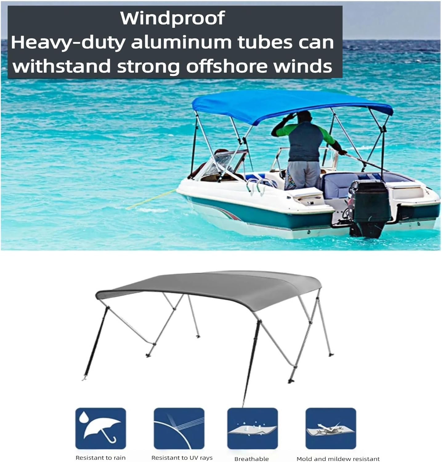 3 Bow Bimini Top Boat Cover, 600D/1200D Oxford Cloth Marine Canopy with 304 Stainless Steel Tube Frame for Cruise Yachts,Boats
