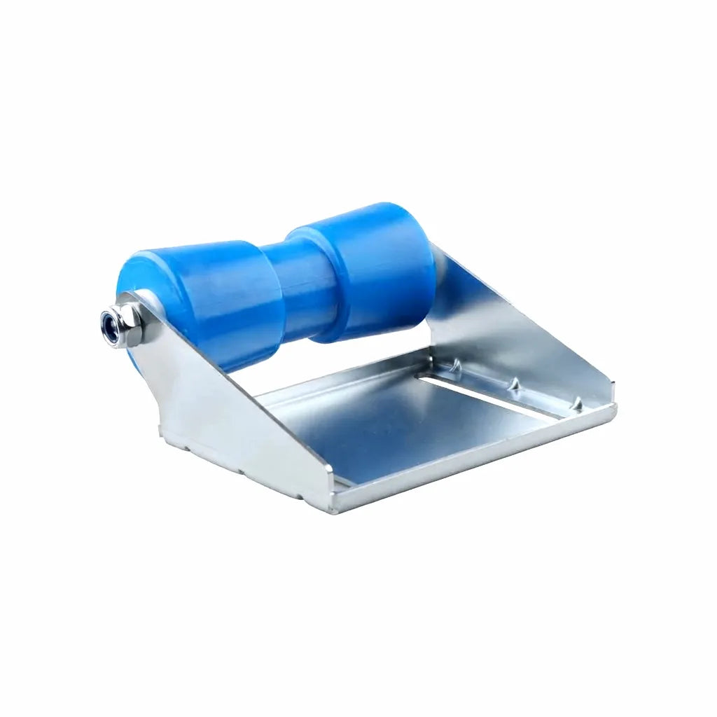 AIROW MARINE 8-inch blue polyurethane trailer roller with heavy-duty galvanized steel bracket on a pure white background