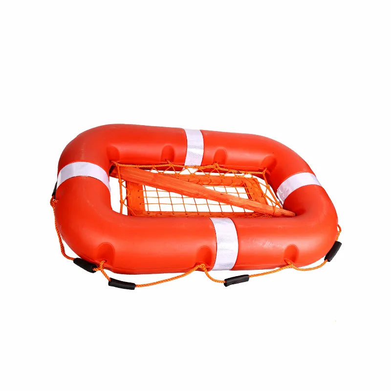 Front-facing view of an 8-person rectangular marine life raft with integrated rescue net, vibrant orange with reflective white bands on a pure white background.