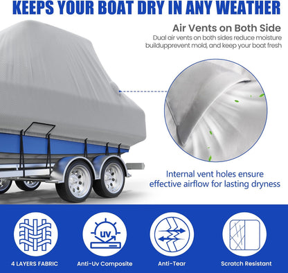 Center Console Boat Cover 18-20ft, Trailerable T-Top/Hard-Top Boat Cover, Heavy Duty Marine Grade Oxford Waterproof Boat Covers, Zipper on Both Side
