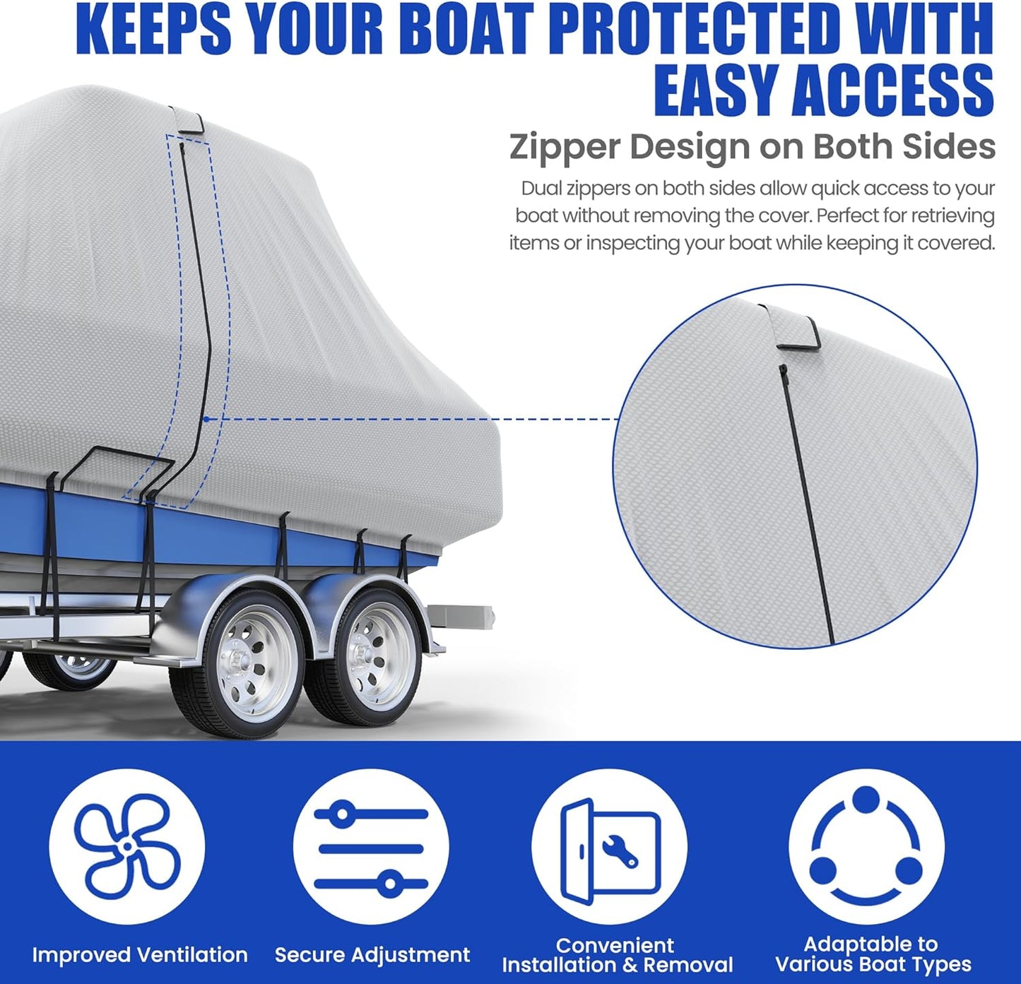Center Console Boat Cover 18-20ft, Trailerable T-Top/Hard-Top Boat Cover, Heavy Duty Marine Grade Oxford Waterproof Boat Covers, Zipper on Both Side