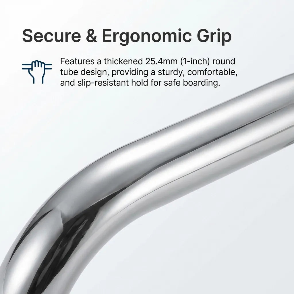 Macro shot of the 25.4mm one-inch round tube construction showing the smooth ergonomic curvature and mirror-like reflection.