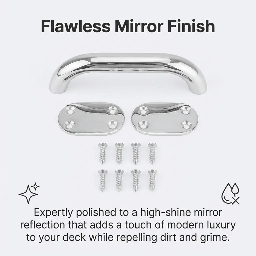 Overhead view of a single grab handle with mounting screws showing the high-shine mirror finish that repels dirt and grime.