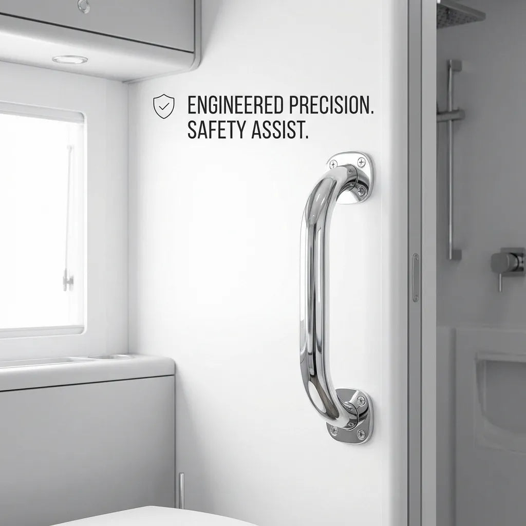 A mirror-finished safety assist handle mounted vertically inside a modern RV or boat interior near the doorway.