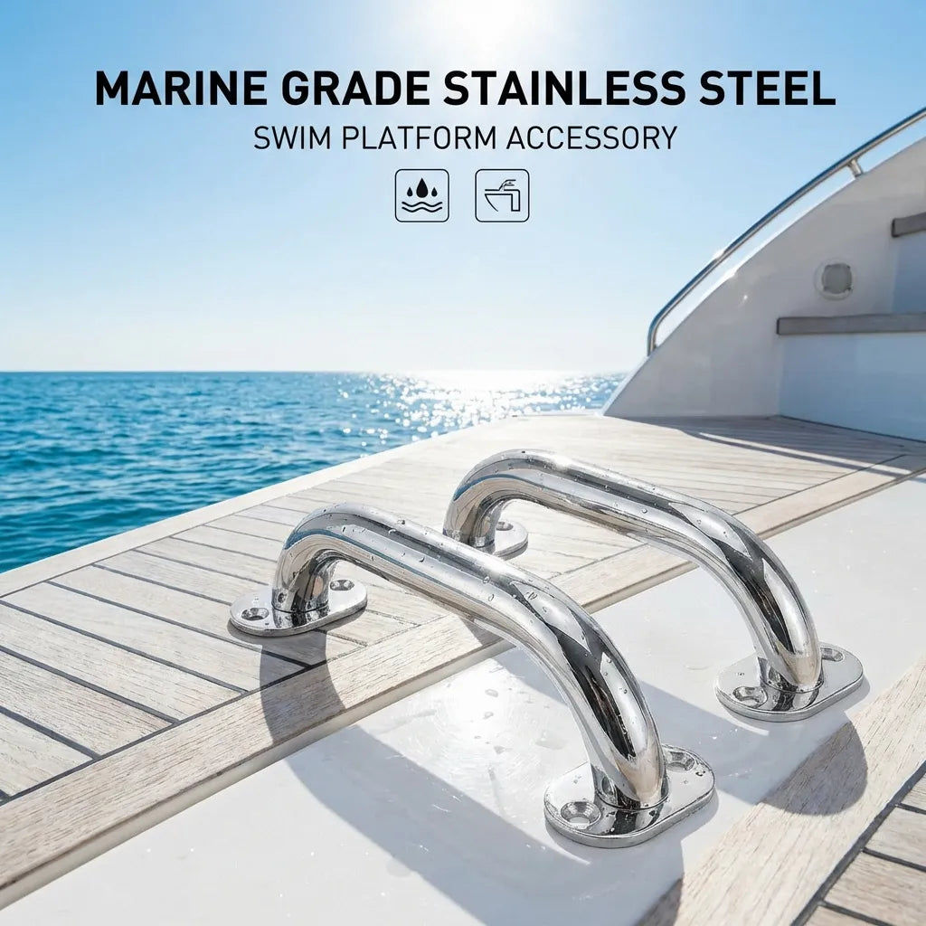 Close-up of dual mirror-polished stainless steel safety handles installed on a teak wood yacht swim platform overlooking the ocean.